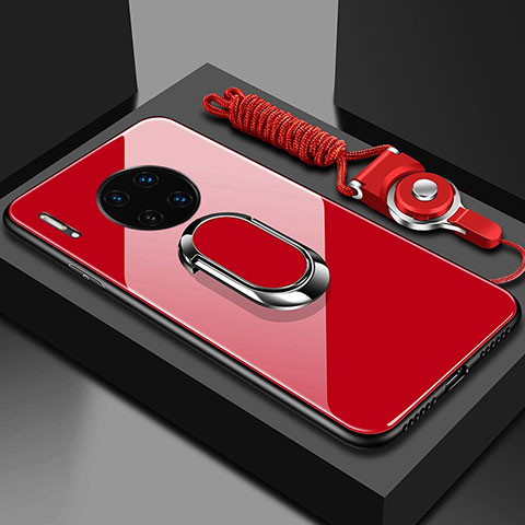Huawei Mate 30用ハイブリットバンパーケース プラスチック 鏡面 カバー アンド指輪 マグネット式 T01 ファーウェイ レッド