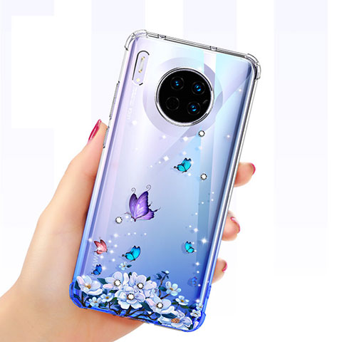 Huawei Mate 30 Pro 5G用極薄ソフトケース シリコンケース 耐衝撃 全面保護 クリア透明 蝶 ファーウェイ ネイビー