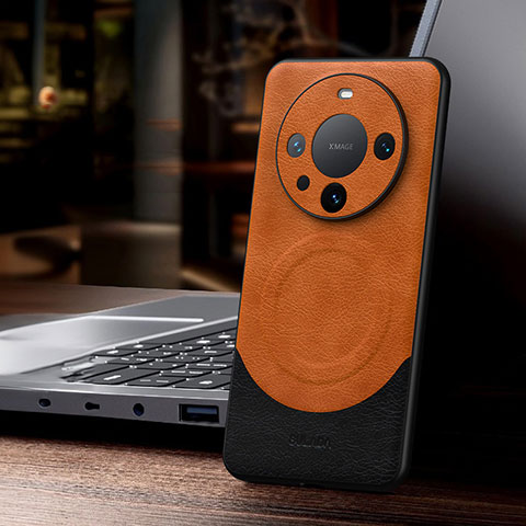 Huawei Mate 60 Pro用ケース 高級感 手触り良いレザー柄 Mag-Safe 磁気 Magnetic LD1 ファーウェイ オレンジ