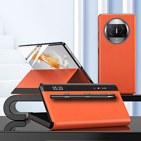 Huawei Mate X3用手帳型 レザーケース スタンド カバー ZL5 ファーウェイ オレンジ