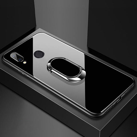 Huawei Nova 3e用ハイブリットバンパーケース プラスチック 鏡面 カバー アンド指輪 マグネット式 ファーウェイ ブラック