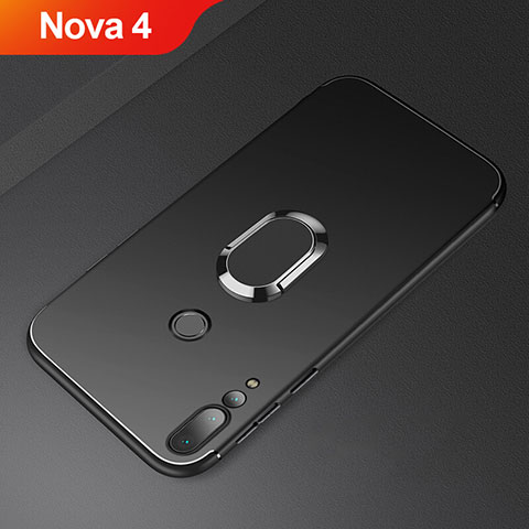 Huawei Nova 4用極薄ソフトケース シリコンケース 耐衝撃 全面保護 アンド指輪 マグネット式 バンパー A01 ファーウェイ ブラック