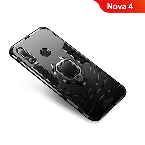 Huawei Nova 4用ハイブリットバンパーケース プラスチック アンド指輪 兼シリコーン カバー ファーウェイ ブラック