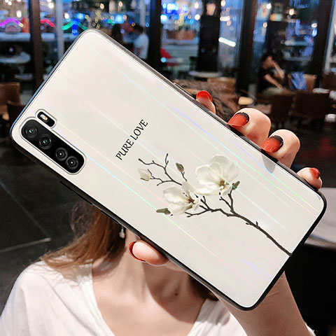 Huawei Nova 7 SE 5G用ハイブリットバンパーケース プラスチック 鏡面 花 カバー ファーウェイ ホワイト