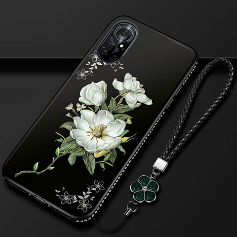 Huawei Nova 8 5G用シリコンケース ソフトタッチラバー 花 カバー ファーウェイ ブラック