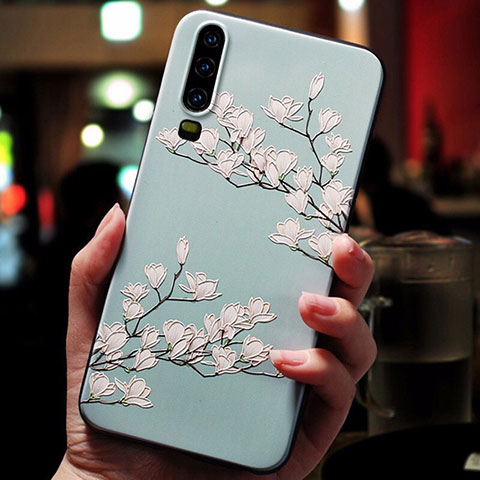 Huawei P30用シリコンケース ソフトタッチラバー 花 カバー ファーウェイ ブルー