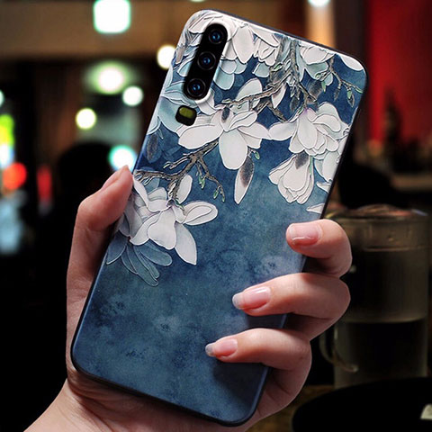 Huawei P30用シリコンケース ソフトタッチラバー 花 カバー ファーウェイ ネイビー