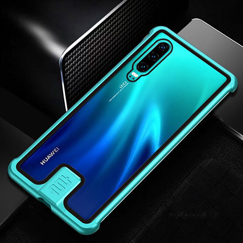 Huawei P30用ケース 高級感 手触り良い アルミメタル 製の金属製 360度 フルカバーバンパー 鏡面 カバー T11 ファーウェイ シアン