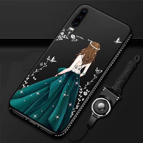 Huawei P30用シリコンケース ソフトタッチラバー バタフライ ドレスガール ドレス少女 カバー K01 ファーウェイ グリーン