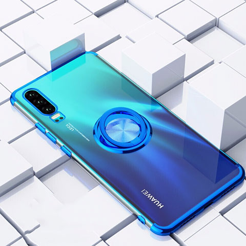 Huawei P30用極薄ソフトケース シリコンケース 耐衝撃 全面保護 クリア透明 アンド指輪 マグネット式 C02 ファーウェイ ネイビー