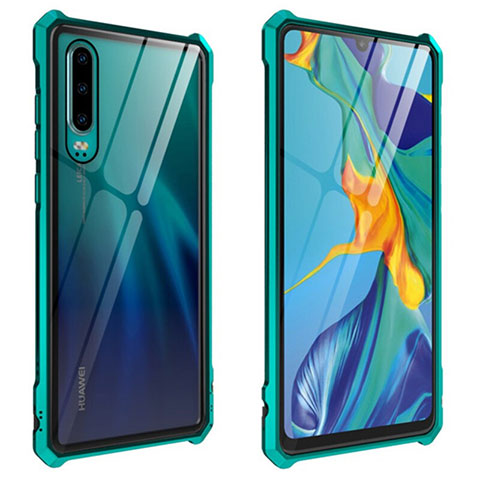 Huawei P30用ケース 高級感 手触り良い アルミメタル 製の金属製 360度 フルカバーバンパー 鏡面 カバー T09 ファーウェイ グリーン