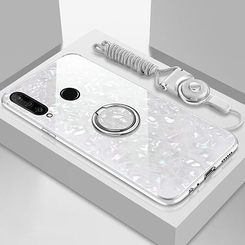Huawei P30 Lite用ハイブリットバンパーケース プラスチック 鏡面 カバー アンド指輪 マグネット式 T01 ファーウェイ ホワイト
