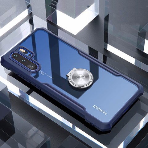 Huawei P30 Pro用360度 フルカバーハイブリットバンパーケース クリア透明 プラスチック 鏡面 アンド指輪 マグネット式 ファーウェイ ネイビー