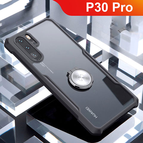 Huawei P30 Pro用360度 フルカバーハイブリットバンパーケース クリア透明 プラスチック 鏡面 アンド指輪 マグネット式 ファーウェイ ブラック