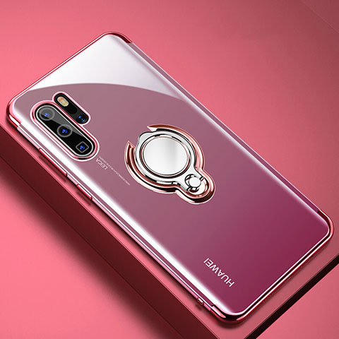 Huawei P30 Pro用極薄ソフトケース シリコンケース 耐衝撃 全面保護 クリア透明 アンド指輪 マグネット式 C01 ファーウェイ ローズゴールド