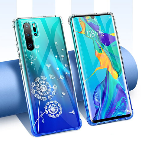 Huawei P30 Pro用極薄ソフトケース シリコンケース 耐衝撃 全面保護 クリア透明 花 T02 ファーウェイ ホワイト