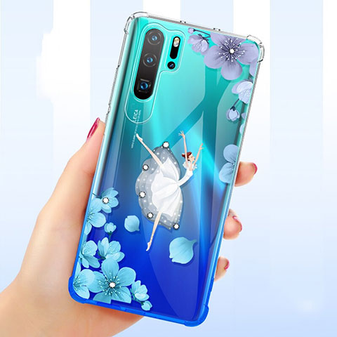 Huawei P30 Pro用極薄ソフトケース シリコンケース 耐衝撃 全面保護 クリア透明 花 T01 ファーウェイ ネイビー