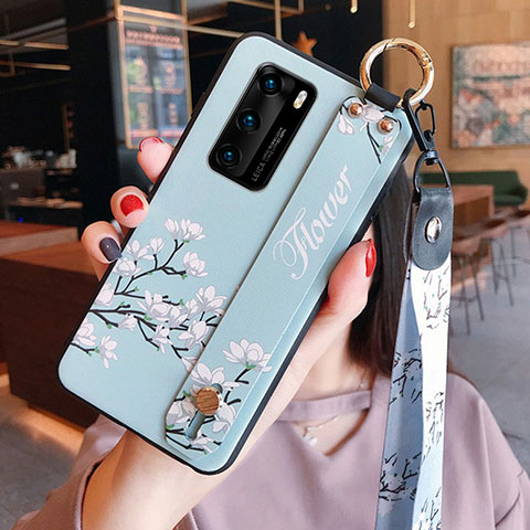 Huawei P40用シリコンケース ソフトタッチラバー 花 カバー ファーウェイ ブルー