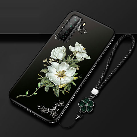 Huawei P40 Lite 5G用シリコンケース ソフトタッチラバー 花 カバー K02 ファーウェイ ホワイト