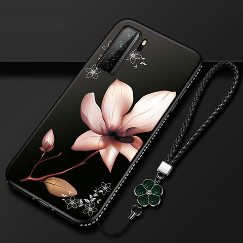 Huawei P40 Lite 5G用シリコンケース ソフトタッチラバー 花 カバー K02 ファーウェイ ブラウン