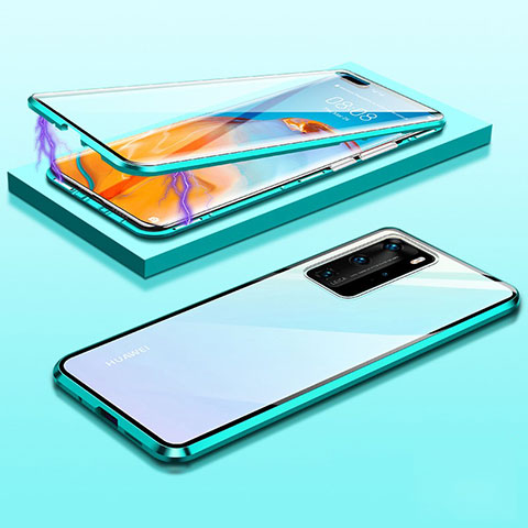 Huawei P40 Pro用ケース 高級感 手触り良い アルミメタル 製の金属製 360度 フルカバーバンパー 鏡面 カバー T01 ファーウェイ シアン