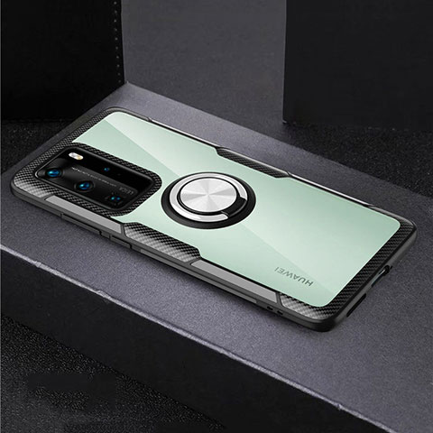 Huawei P40 Pro用360度 フルカバーハイブリットバンパーケース クリア透明 プラスチック 鏡面 アンド指輪 マグネット式 ファーウェイ シルバー・ブラック