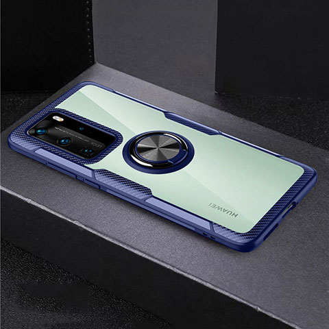 Huawei P40 Pro用360度 フルカバーハイブリットバンパーケース クリア透明 プラスチック 鏡面 アンド指輪 マグネット式 ファーウェイ ネイビー