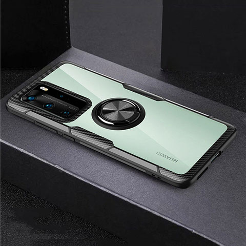 Huawei P40 Pro用360度 フルカバーハイブリットバンパーケース クリア透明 プラスチック 鏡面 アンド指輪 マグネット式 ファーウェイ ブラック