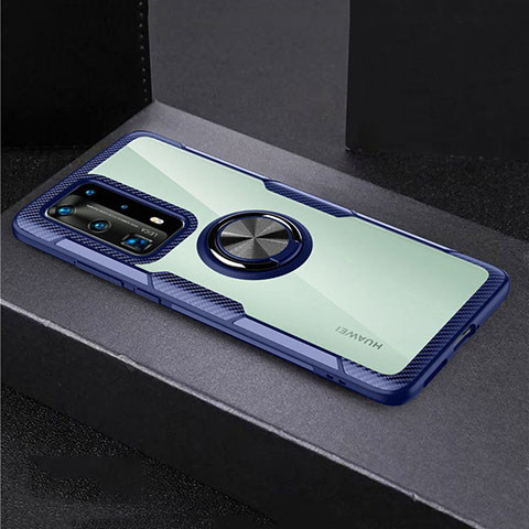 Huawei P40 Pro+ Plus用360度 フルカバーハイブリットバンパーケース クリア透明 プラスチック 鏡面 アンド指輪 マグネット式 ファーウェイ ネイビー