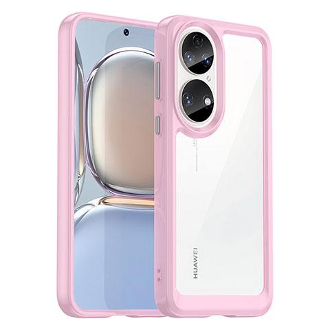 Huawei P50 Pro用ハイブリットバンパーケース クリア透明 プラスチック カバー J01S ファーウェイ ピンク