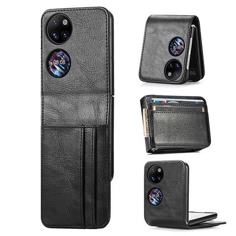 Huawei P60 Pocket用ハイブリットバンパーケース 高級感 手触り良いレザー柄 兼プラスチック SD4 ファーウェイ ブラック
