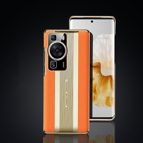 Huawei P60 Pro用ケース 高級感 手触り良いレザー柄 JB6 ファーウェイ オレンジ