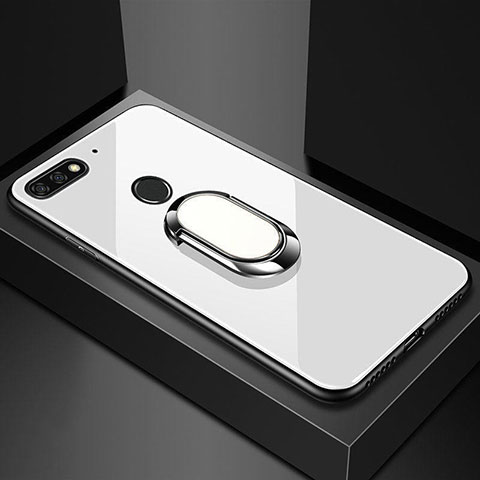 Huawei Y6 (2018)用ハイブリットバンパーケース プラスチック 鏡面 カバー アンド指輪 マグネット式 ファーウェイ ホワイト