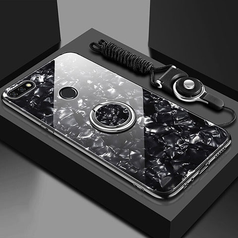 Huawei Y6 (2018)用ハイブリットバンパーケース プラスチック 鏡面 カバー アンド指輪 マグネット式 M01 ファーウェイ ブラック