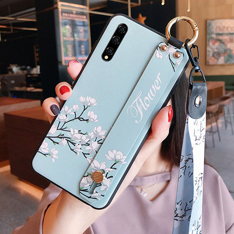 Huawei Y8p用シリコンケース ソフトタッチラバー 花 カバー S02 ファーウェイ ブルー