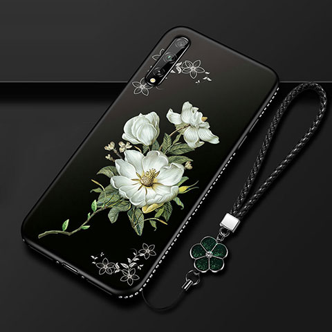 Huawei Y8p用シリコンケース ソフトタッチラバー 花 カバー S01 ファーウェイ ホワイト