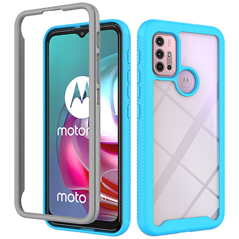 Motorola Moto G10用360度 フルカバー ハイブリットバンパーケース クリア透明 プラスチック カバー モトローラ シアン