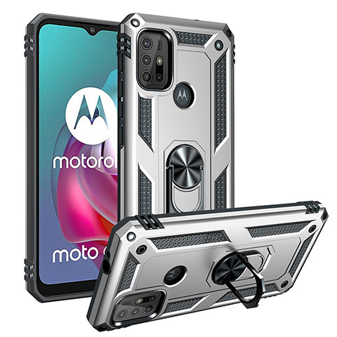 Motorola Moto G10 Power用ハイブリットバンパーケース プラスチック アンド指輪 マグネット式 S01 モトローラ シルバー