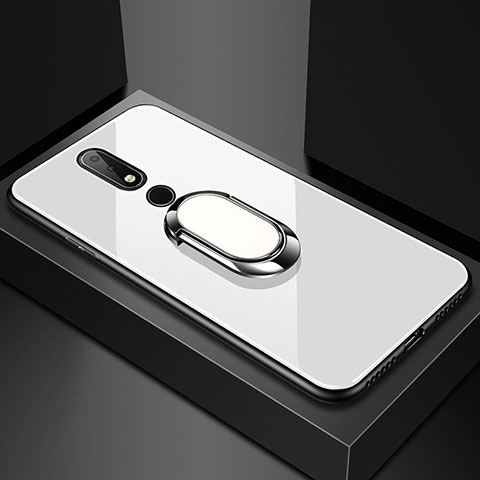 Nokia 6.1 Plus用ハイブリットバンパーケース プラスチック 鏡面 カバー アンド指輪 ノキア ホワイト