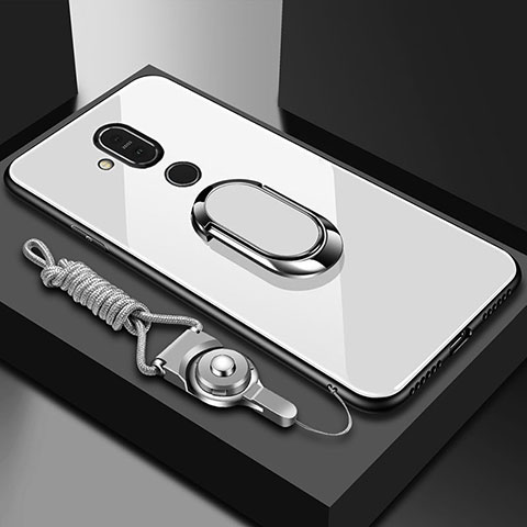 Nokia 7.1 Plus用ハイブリットバンパーケース プラスチック 鏡面 カバー アンド指輪 ノキア ホワイト