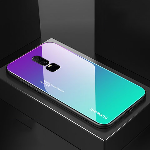 OnePlus 6用ハイブリットバンパーケース プラスチック 鏡面 虹 グラデーション 勾配色 カバー OnePlus シアン