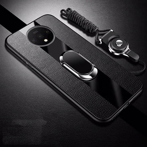 OnePlus 7T用シリコンケース ソフトタッチラバー レザー柄 アンド指輪 マグネット式 T02 OnePlus ブラック