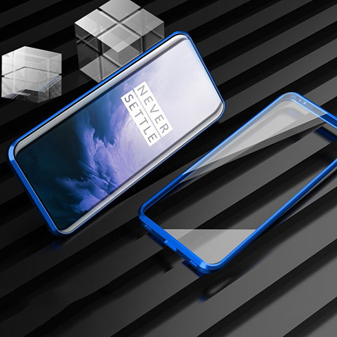 OnePlus 7T Pro 5G用ケース 高級感 手触り良い アルミメタル 製の金属製 360度 フルカバーバンパー 鏡面 カバー M01 OnePlus ネイビー