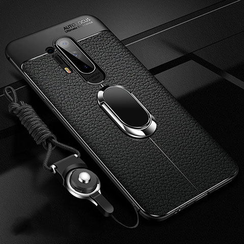 OnePlus 8 Pro用シリコンケース ソフトタッチラバー レザー柄 アンド指輪 マグネット式 T01 OnePlus ブラック