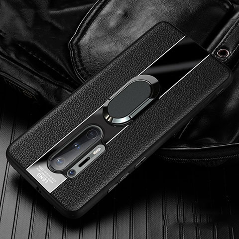 OnePlus 8 Pro用シリコンケース ソフトタッチラバー レザー柄 アンド指輪 マグネット式 T02 OnePlus ブラック