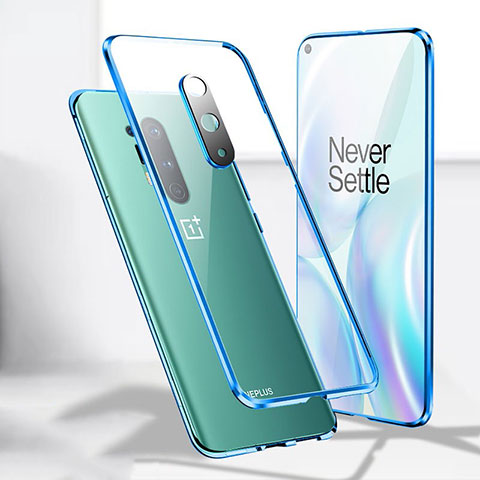 OnePlus 8 Pro用ケース 高級感 手触り良い アルミメタル 製の金属製 360度 フルカバーバンパー 鏡面 カバー T04 OnePlus ネイビー