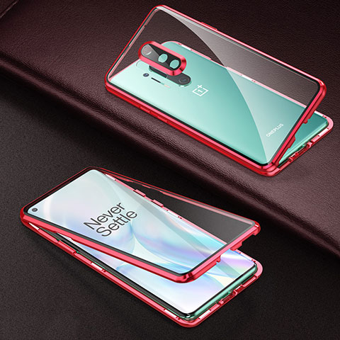 OnePlus 8 Pro用ケース 高級感 手触り良い アルミメタル 製の金属製 360度 フルカバーバンパー 鏡面 カバー T01 OnePlus レッド