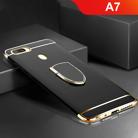 Oppo A7用ケース 高級感 手触り良い メタル兼プラスチック バンパー アンド指輪 A02 Oppo ブラック