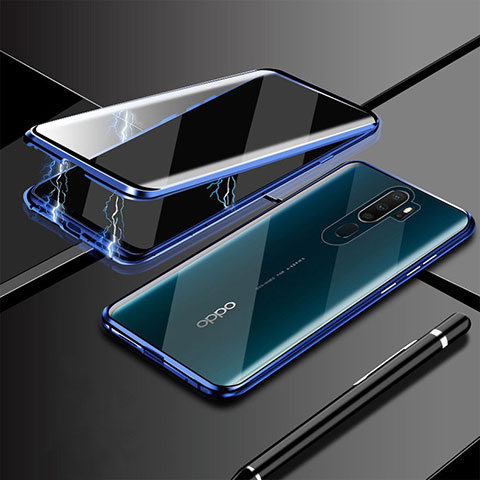 Oppo A9 (2020)用ケース 高級感 手触り良い アルミメタル 製の金属製 360度 フルカバーバンパー 鏡面 カバー M02 Oppo ネイビー