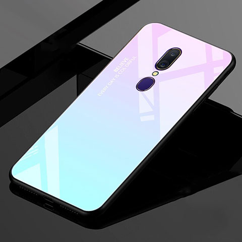 Oppo A9用ハイブリットバンパーケース プラスチック 鏡面 虹 グラデーション 勾配色 カバー Oppo シアン